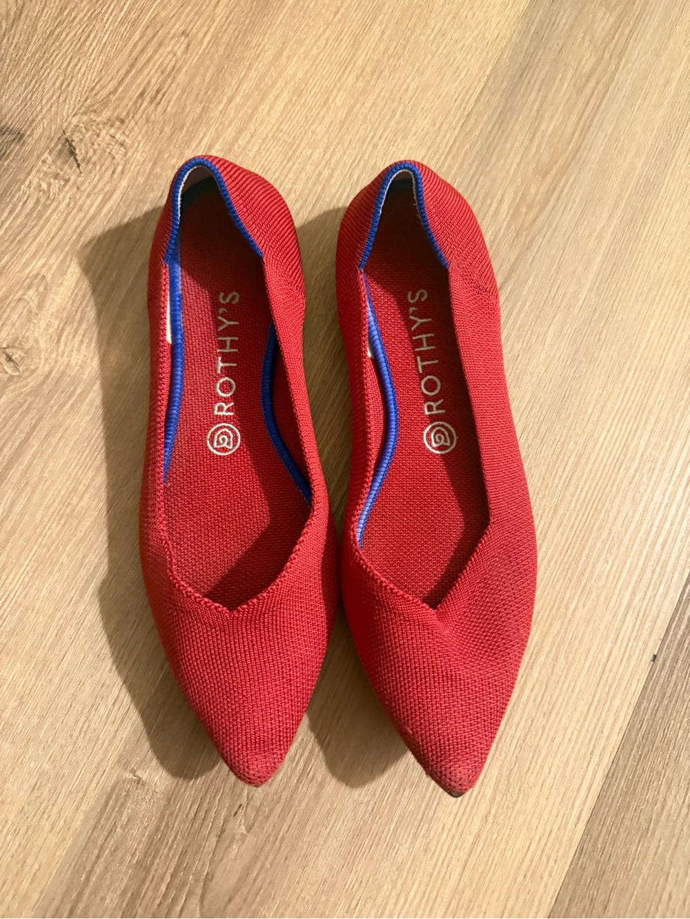 Rothy's Red Pointed Knit Flats with Blue Trim